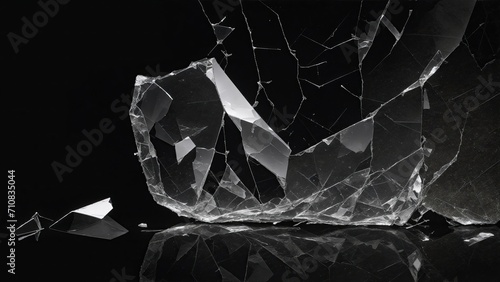 cracked glass on black background, smashed glass texture, shards of broken glass on black photo