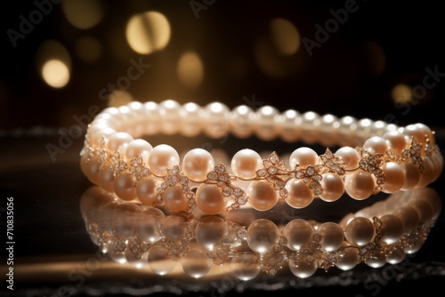 An elegant necklace, adorned with pearls on the black background