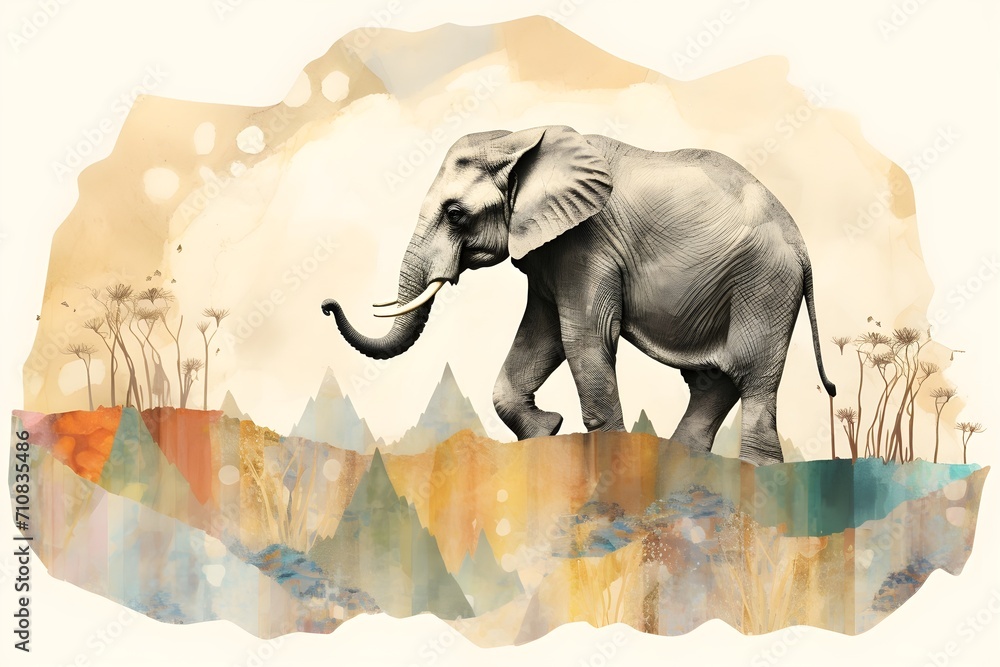 Fototapeta premium Elephant, Gajah, highly textured, mixed media collage painting, fringe absurdism, Award winning halftone pattern illustration