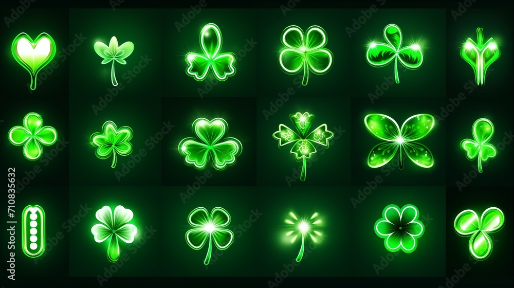 St. Patrick's Neon Charm: Trefoil clover neon sign on black background. Set of green shamrock icons for a festive Saint Patrick's Day vibe. - obrazy, fototapety, plakaty 