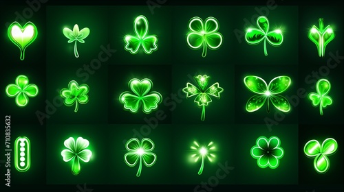 St. Patrick's Neon Charm: Trefoil clover neon sign on black background. Set of green shamrock icons for a festive Saint Patrick's Day vibe.