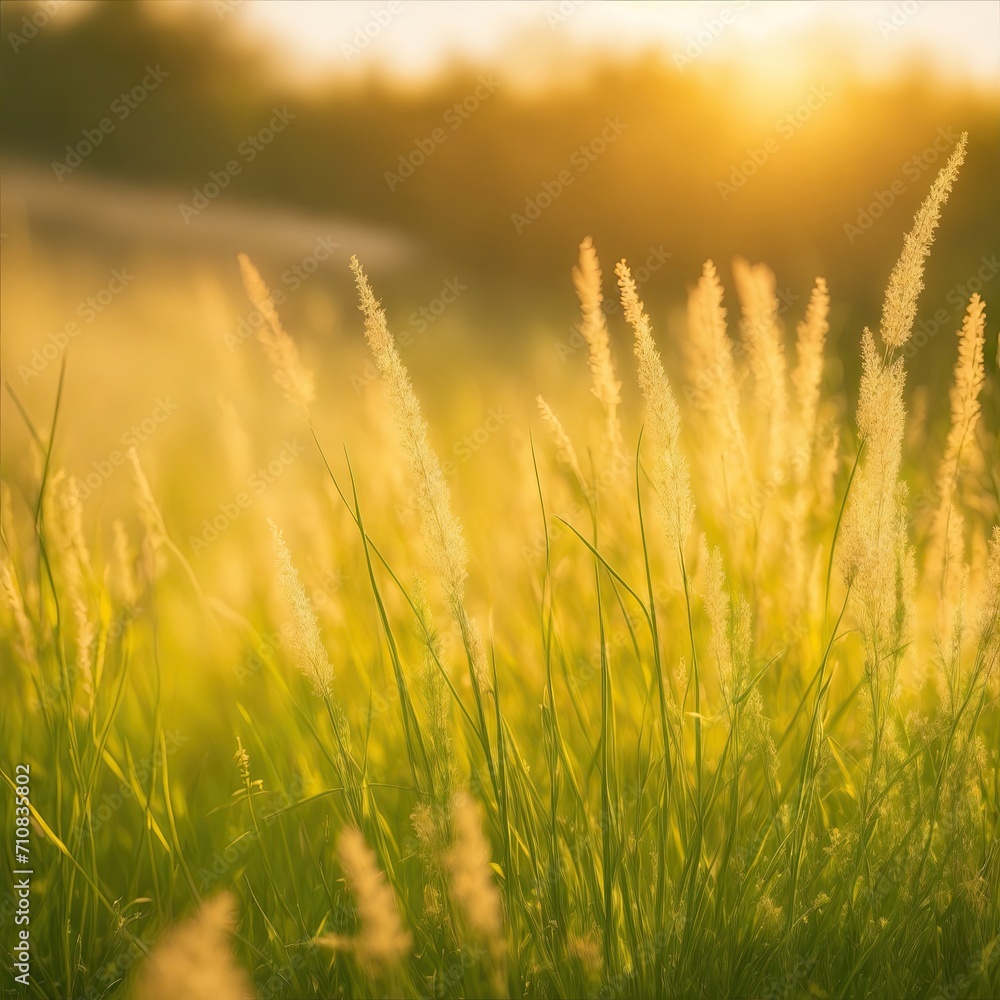 Grass in the forest at sunset. Abstract summer nature background