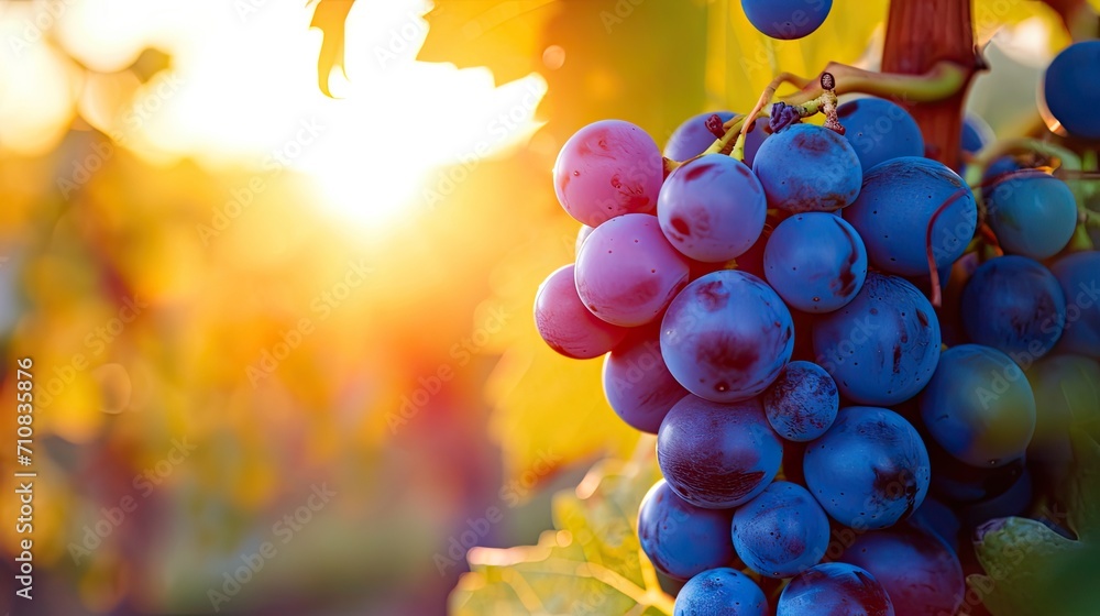 closeup of blue grapes in a vineyard at sunset - obrazy, fototapety, plakaty 