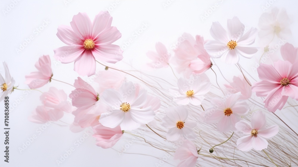 a heap of cosmos petals, their dainty blossoms forming a delicate display against the purity of a spotless white canvas, capturing the magic of the cosmos.