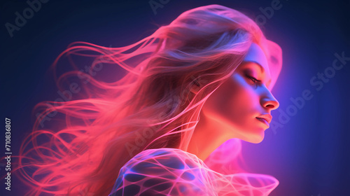 Neon Fictional AI generated Woman Art Glow Realistic Photography Black Background 4k  © Sorab