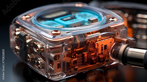 A close-up of a smartwatch with a transparent back, showcasing the advanced technology and components within photo