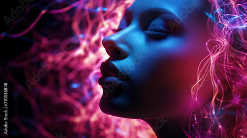 Neon Fictional AI generated Woman Art Glow Realistic Photography Black Background 4k  © Sorab