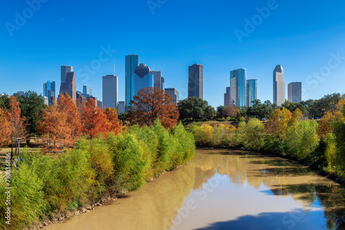 Fototapeta Naklejka Na Ścianę i Meble -  Houston skyline at sunny autumn day in Buffalo Bayou Park, Houston, Texas, USA