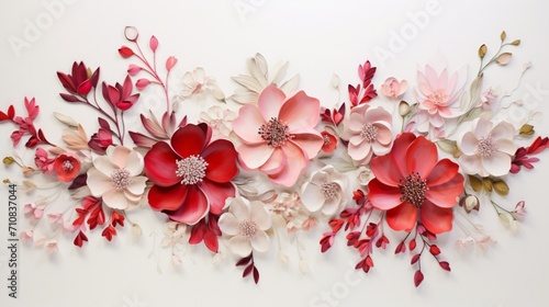 A mesmerizing scene unfolds as white, red, and pink flowers create a stunning tableau against a clean white background.