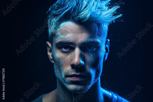 Blond young man portrait with neon painted face