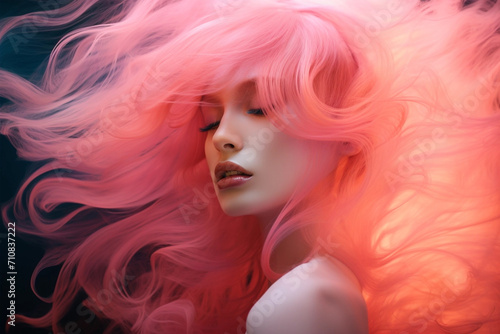 Pink hair young woman portrait with digital holografic effect