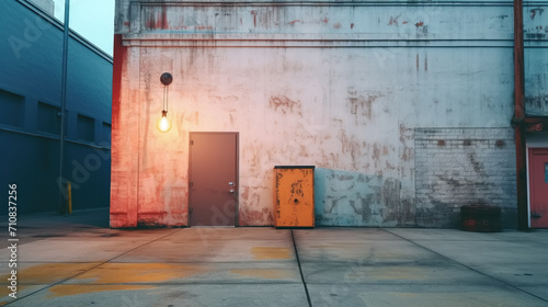 Corner of a grungy commercial building with closed rusty doors and glowing lights. Empty backstreet, concrete walls of an urban industrial building or warehouse during night time. photo
