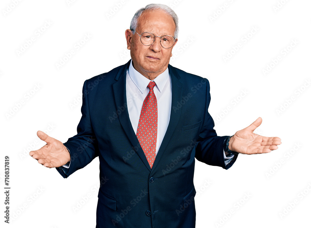 Senior man with grey hair wearing business suit and glasses clueless and confused with open arms, no idea concept. Senior man with grey hair wearing business suit and glasses clueless and confused with open arms, no idea concept.