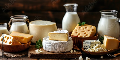 Milk, cheese, cream, butter, curd and others - various dairy products on a table