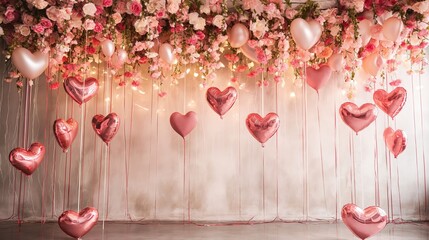 Festive valentine's day photo studio background: many red and pink heart-shaped balloons, flowers hanging from the ceiling, pastel light color palette, wooden details