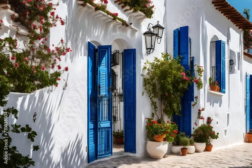 Traditional house with white walls blue door and plants. © sarmad
