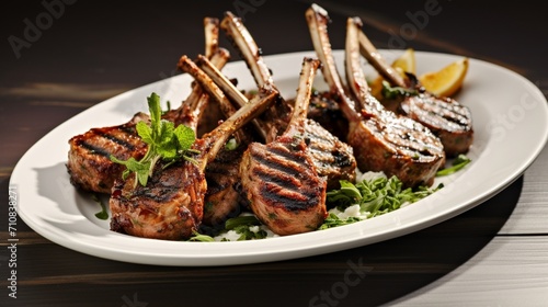a platter of roasted lamb chops, their flavorful crust and tender meat creating an enticing display against the simplicity of a clean and inviting white canvas.