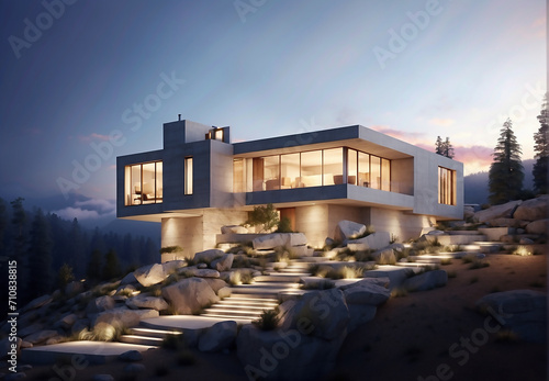 Architectural modernist 3 story home, made of concrete, merging with a rocky mountain side, artificially illuminated, soft warm evening