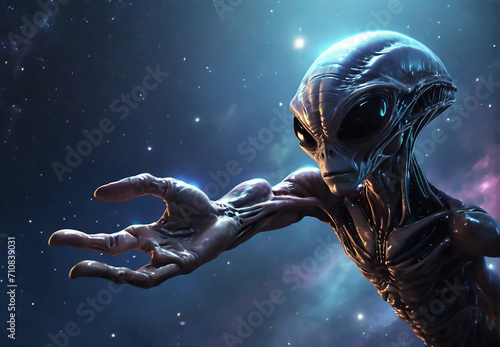 An alien reaching out a hand, floating in space. Terrible alien is reaching out to grab you. 2D art. UFO saucer, UFO abduction, Spaceship, Unidentified flying object, extraterrestrial
