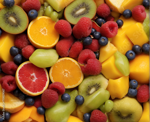 A tropical fruit salad  highlighting the diversity of fruits and their natural colors