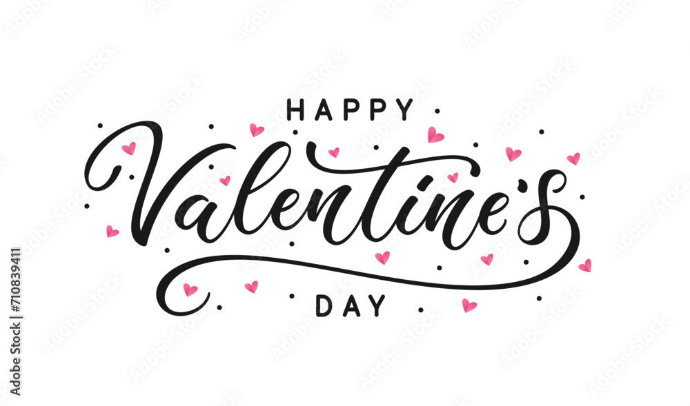 Cute Valentine's Day lettering with decorative elements, hearts and circles. Happy Valentine's Day holiday typography text. - obrazy, fototapety, plakaty 