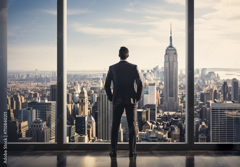 Businessman standing in office with modern city in background. Businessman standing in modern office with panoramic window and city view Businessman standing in office with modern city in background. Businessman standing in modern office with panoramic window and city view