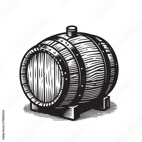 Old oak wooden large barrel. for beer or wine. Vintage black engraving illustration. Monochrome vector icon. Isolated and cut out	