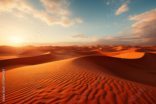 Sunset in the desert. Photo of a breathtaking desert sunset with majestic sand dunes. Sand dunes in the Desert