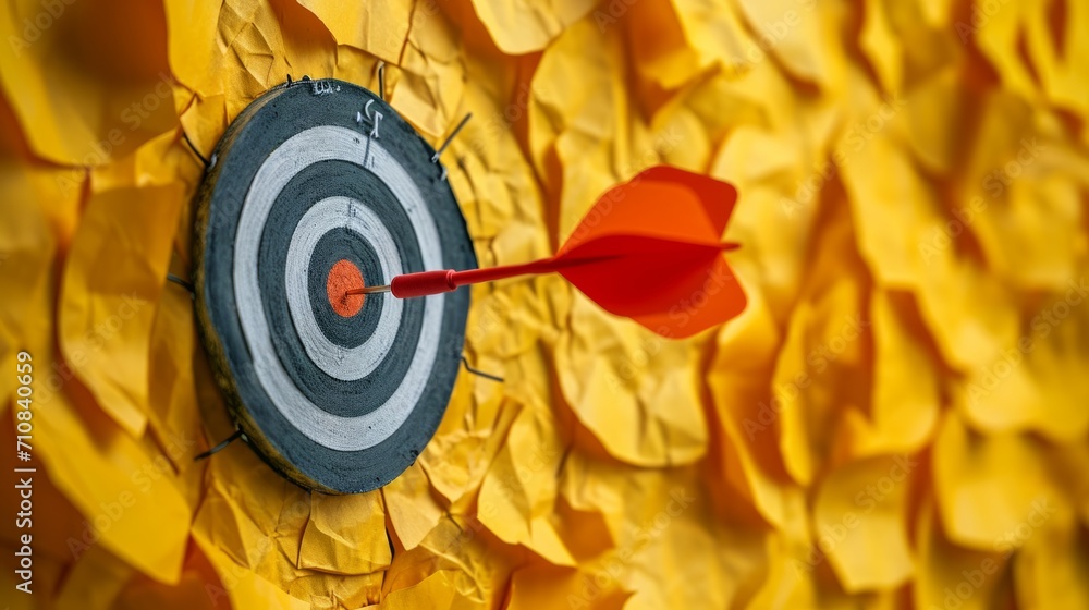 Dart Hits Target, Bullseye Achieved on Yellow Wall in Perfect Center Dart Hits Target, Bullseye Achieved on Yellow Wall in Perfect Center