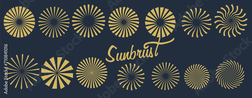 Retro Sun burst shapes. Vintage starburst logo, labels, badges. Sunburst minimal logo frames. Vector firework design elements isolated. Sun burst light logo. Minimal vintage gold firework 