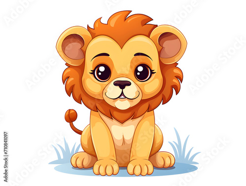 Illustration of a cute baby lion sitting on ground, white background 