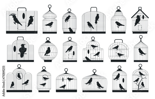 Birds cages silhouettes. Domestic birds sitting in metal cages silhouette, cockatoo, finch, canary and budgie flat vector illustration set. Black ink cages collection