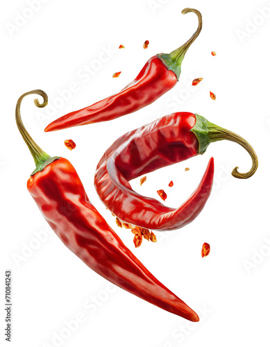 Flying delicious red chili peppers isolated on transparent background © shabbir