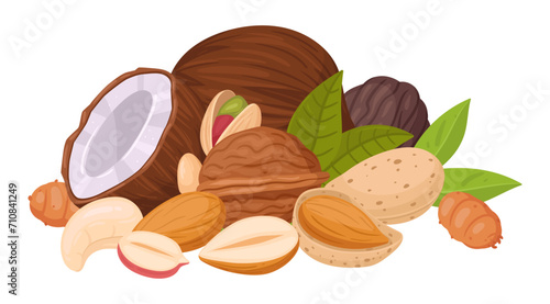 Cartoon nuts mix. Seeds and nuts bunch, cashew, walnut, peanut and almond mix, vegetarian diet organic snack flat vector illustration. Raw nut mix