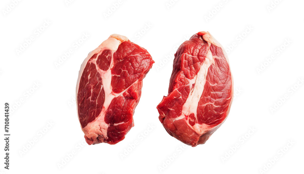 Two raw beef steaks isolated on transparent background. Top view. Two raw beef steaks isolated on transparent background. Top view.