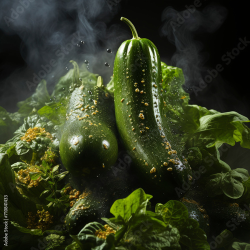 Fresh and Organic Zucchini with Herbs in Misty Ambiance - Ideal for Vegan and Natural Cooking Campaigns  AI-Generated