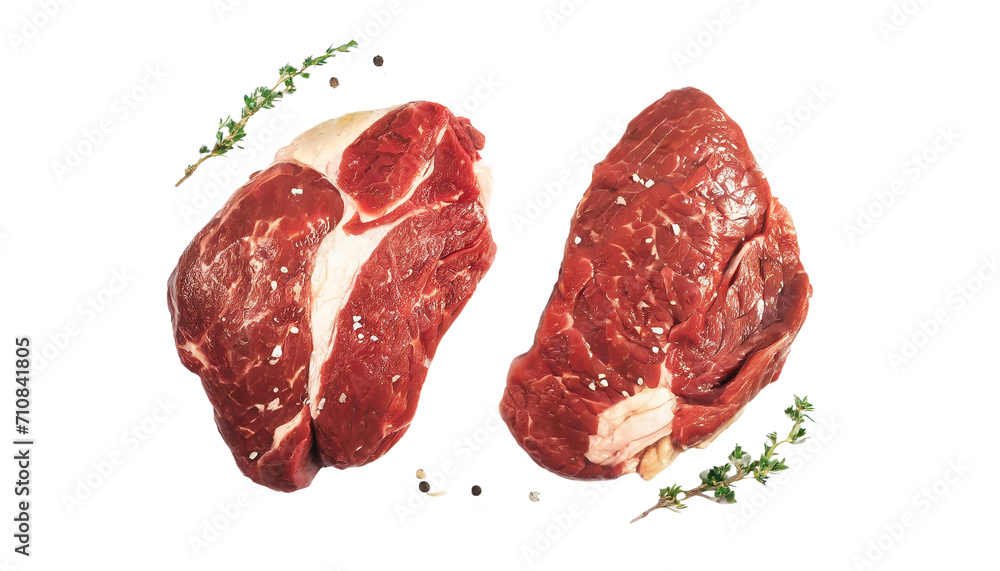 Obraz premium Two raw beef steaks isolated on transparent background. Top view.