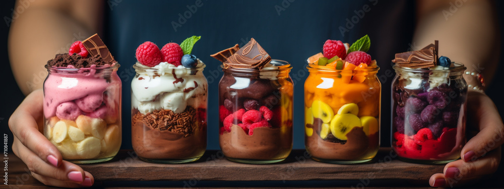 a variety of sweet desserts in glass jars in the hands of a woman