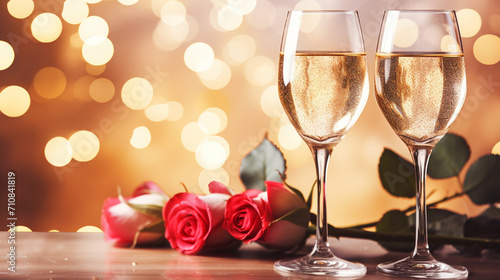 Two glasses of champagne and flowers Valentine's day concept