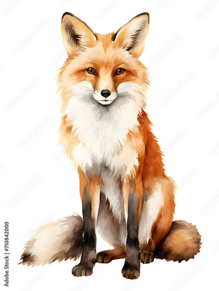 Watercolor illustration of a big fox on white background