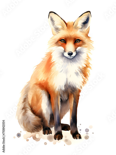 Watercolor illustration of a big fox on white background