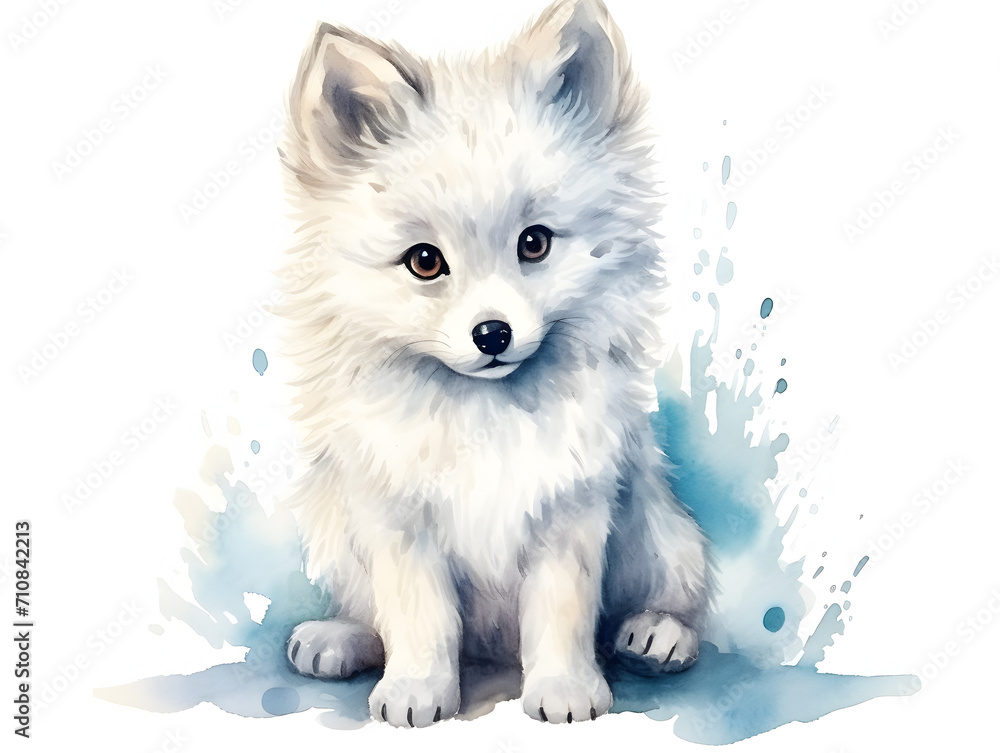 Watercolor illustration of a cute white artic fox on abstract background Watercolor illustration of a cute white artic fox on abstract background