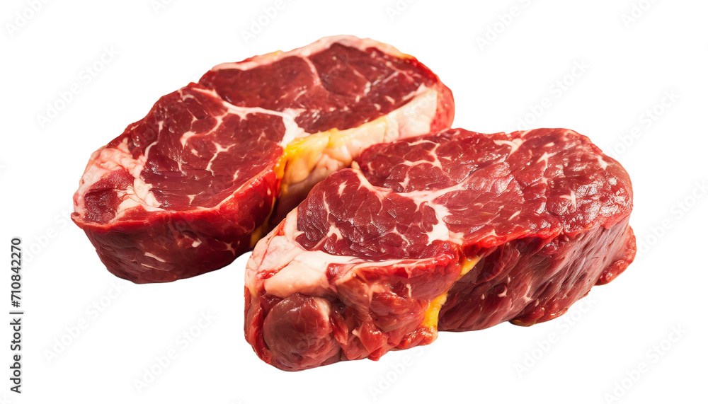 Two raw beef steaks isolated on transparent background. Top view. Two raw beef steaks isolated on transparent background. Top view.