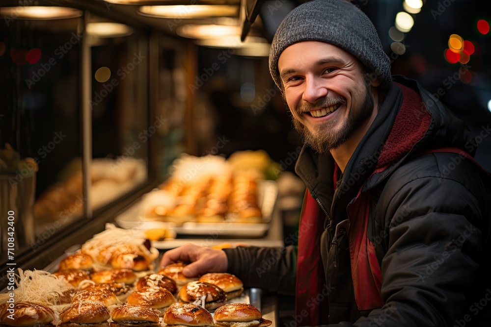 Customer chooses hamburger with cheese and onions in street kiosk., generative IA Customer chooses hamburger with cheese and onions in street kiosk., generative IA