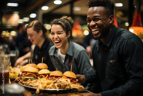 Happy colleagues share varied hamburgers in lively happy hour., generative IA