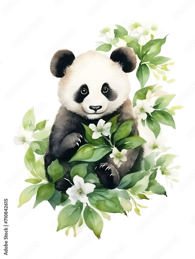 Watercolor illustration of a cute panda on abstract background with green leaves