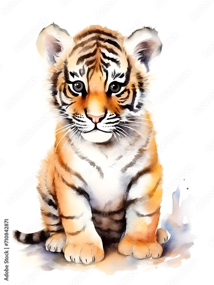 Watercolor illustration of a cute tiger on white background 