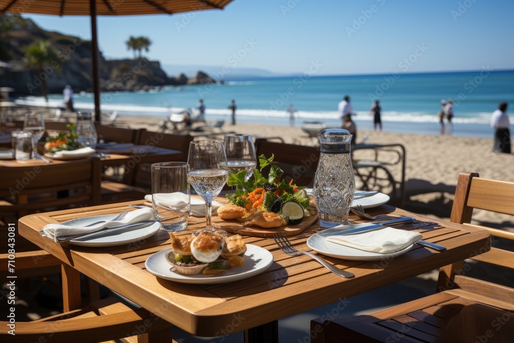 Beira-Mar restaurant, fresh seafood in colored dishes to the beach., generative IA