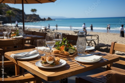 Beira-Mar restaurant, fresh seafood in colored dishes to the beach., generative IA
