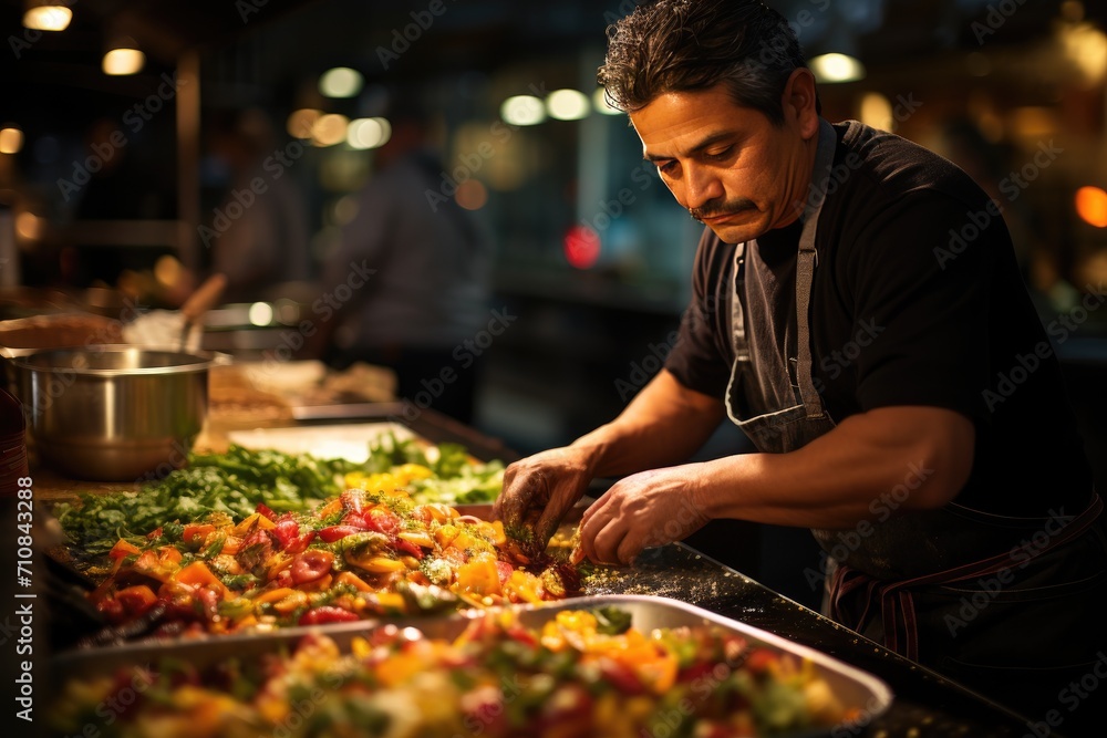 Chef preparing fresh tacos in lively street food tent with delicious side dishes., generative IA